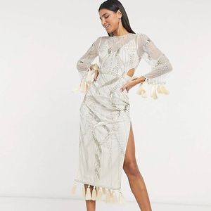 ASOS DESIGN embellished maxi dress with cut out and tassle detail